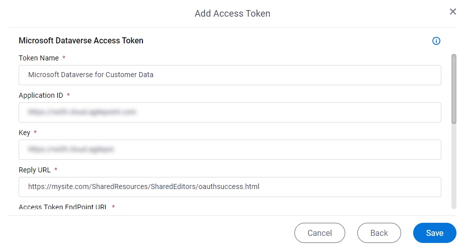 Common Data Service Access Token Configuration screen