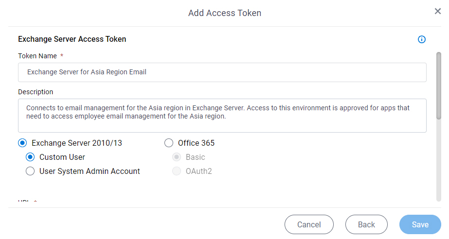 Exchange Server Access Token Configuration screen