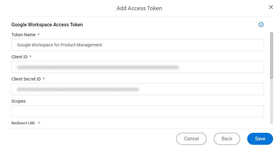 Google Workspace Access Token Configuration screen