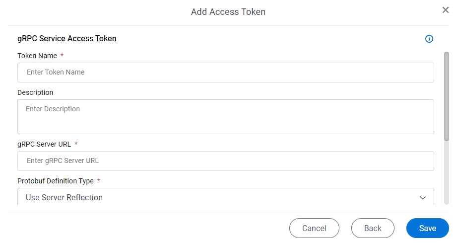 gRPC Service Access Token Configuration screen