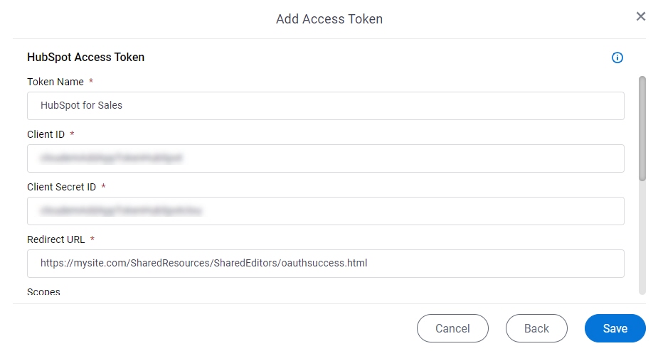 HubSpot Access Token Configuration screen