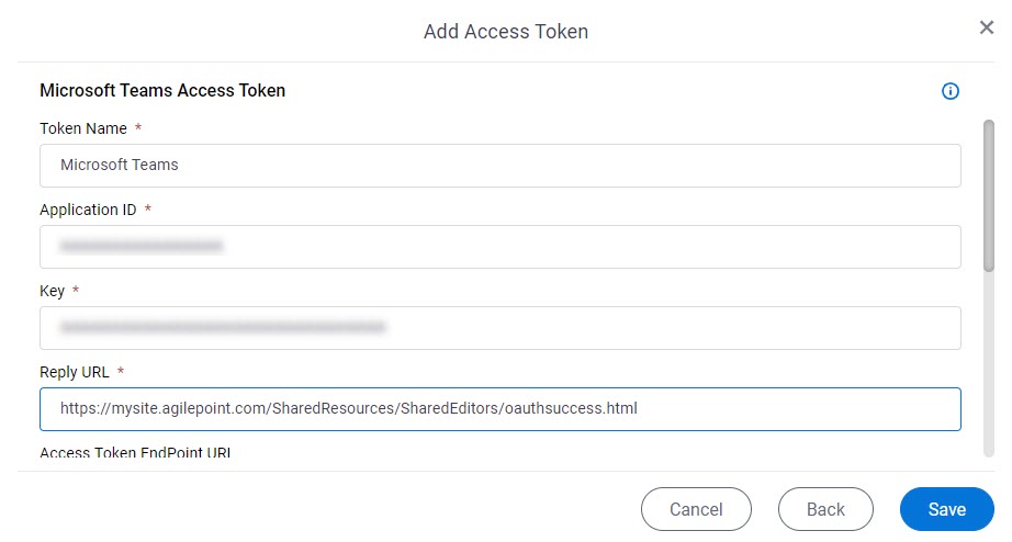 Microsoft Teams Access Token Configuration screen