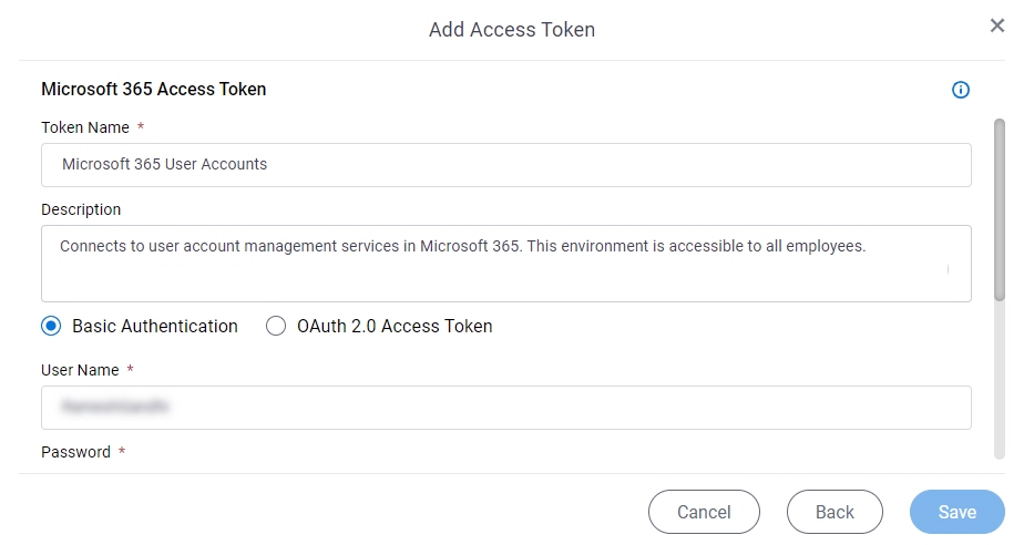 Office 365 Access Token Configuration screen