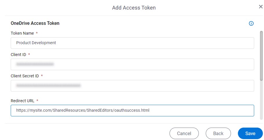 OneDrive Access Token Configuration screen