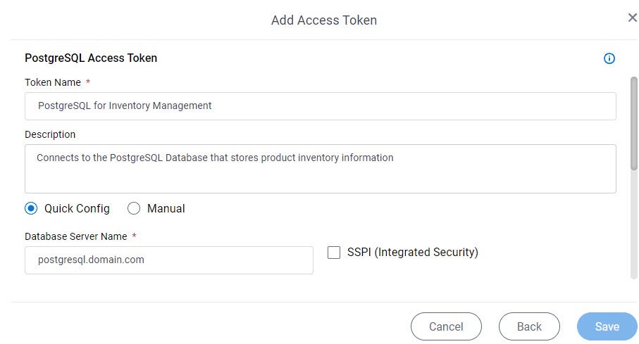 PostgreSQL Access Token Configuration screen