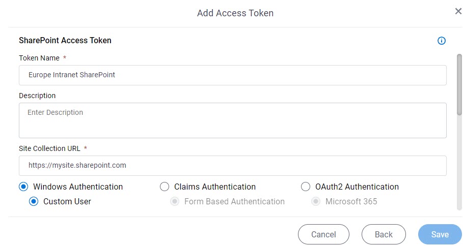 SharePoint Access Token Configuration screen