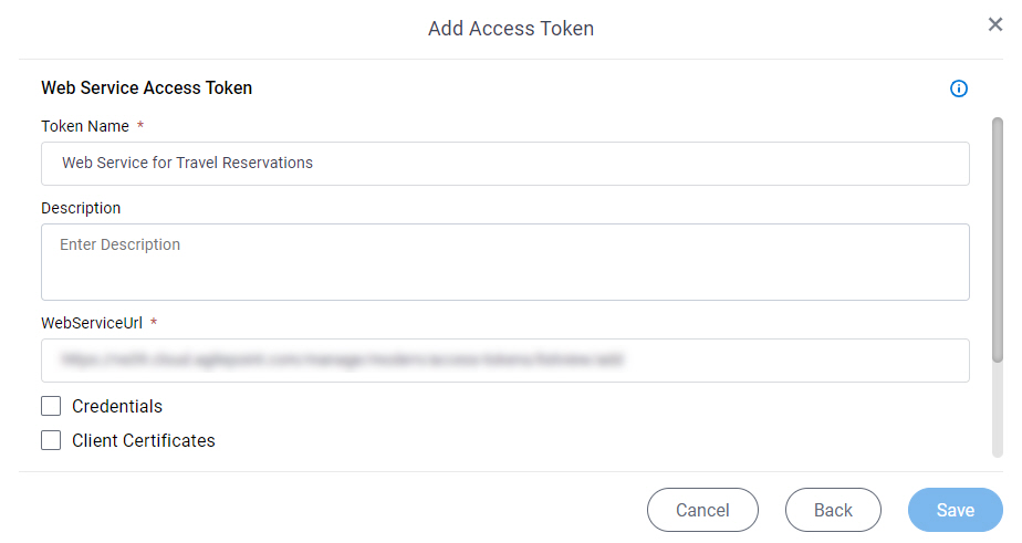 Web Service Access Token Configuration screen