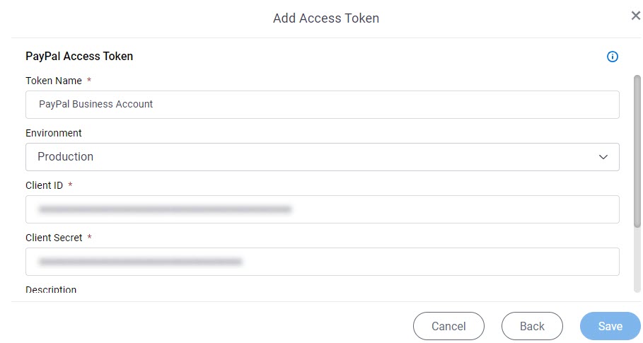 PayPal Access Token Configuration screen