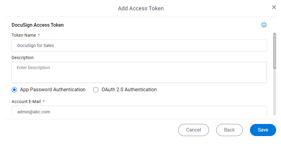 DocuSign Access Token Configuration screen