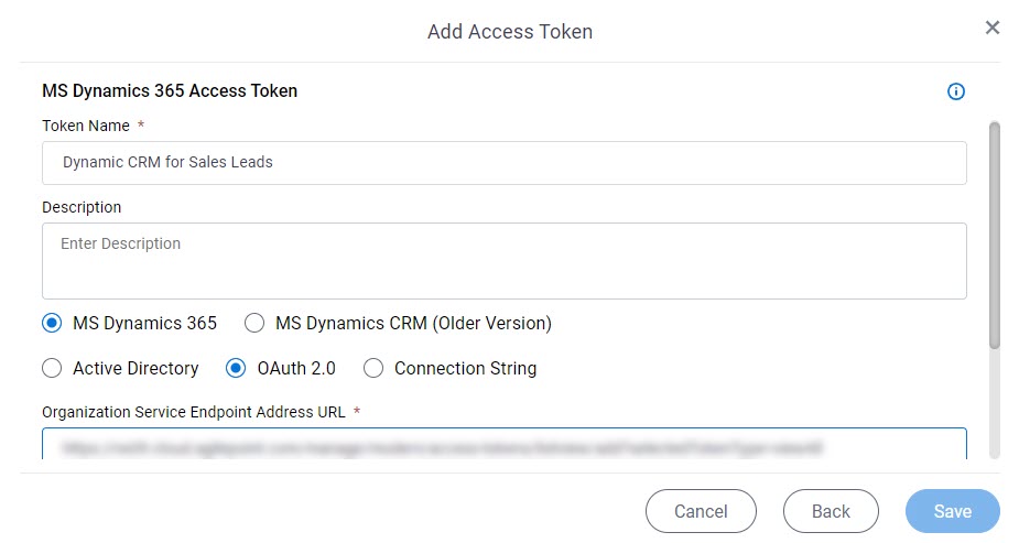 Microsoft Dynamics CRM Access Token Configuration screen