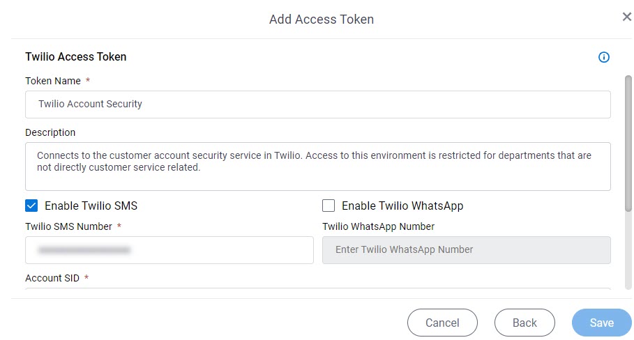 Twilio Access Token Configuration screen