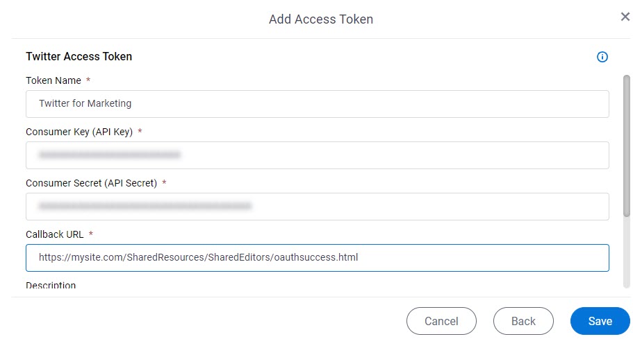 Twitter Access Token Configuration screen