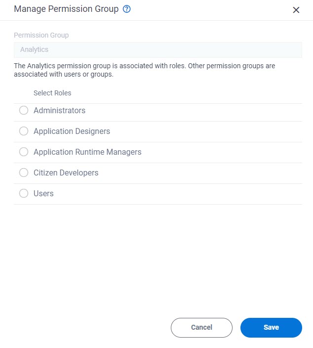 Manage Analytics Permission Group screen