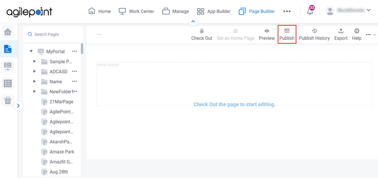 Publish Custom Page screen