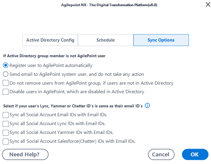 Configuration for Active Directory Groups Synchronization Sync Settings tab