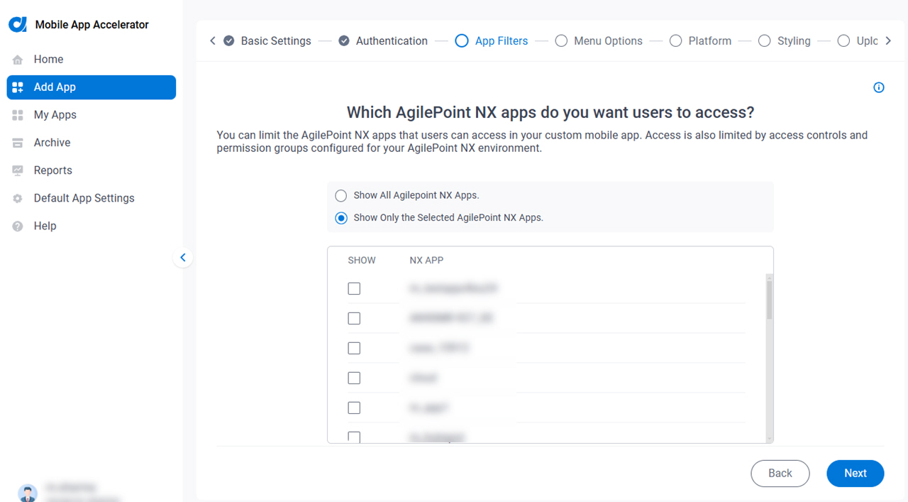 Which AgilePoint NX apps do you want users to access screen