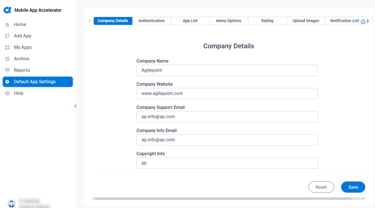 Company Details screen