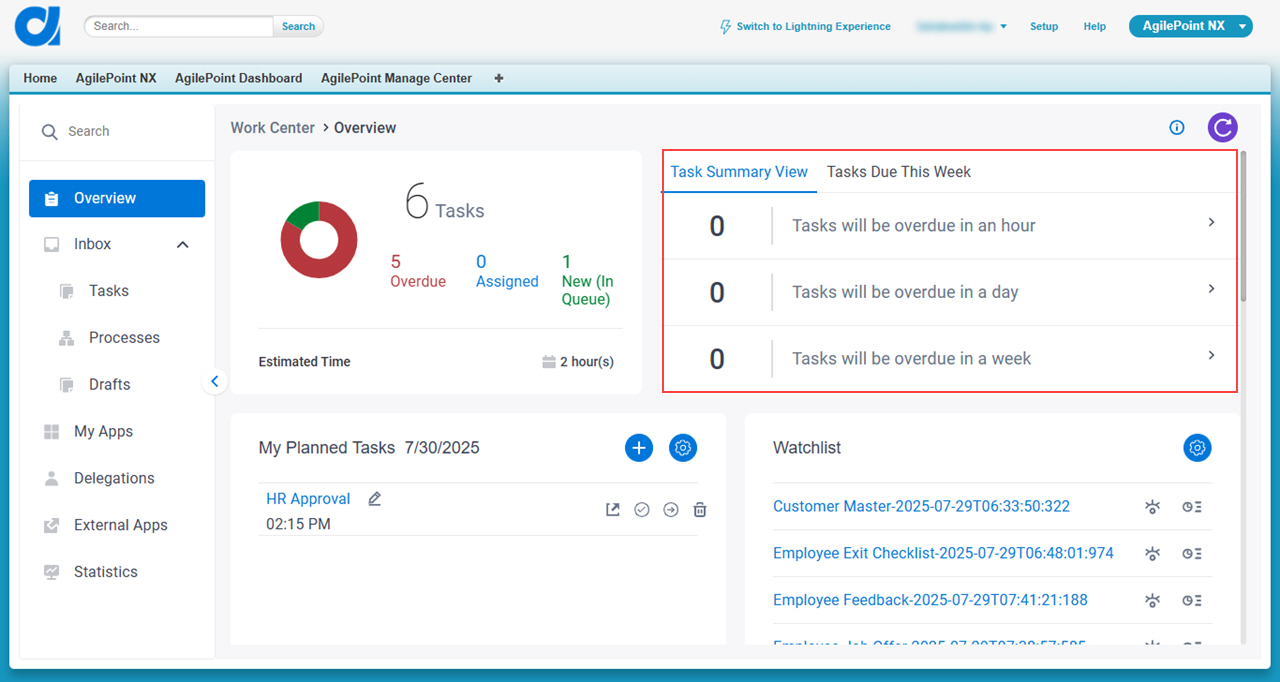 Task Due Summary screen