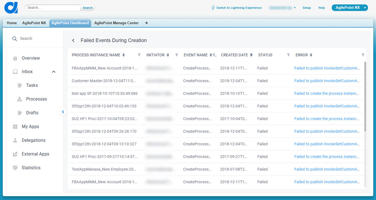 View Failed Processes During Creation screen