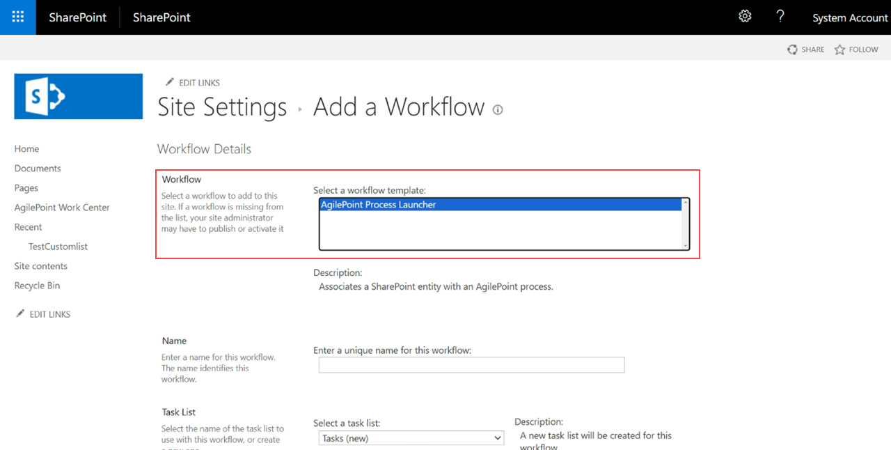 Select SharePoint Workflow