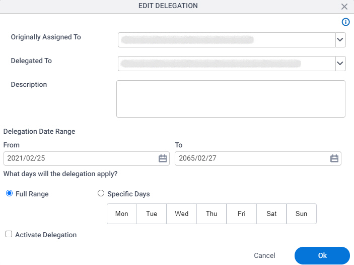 Edit Delegation screen