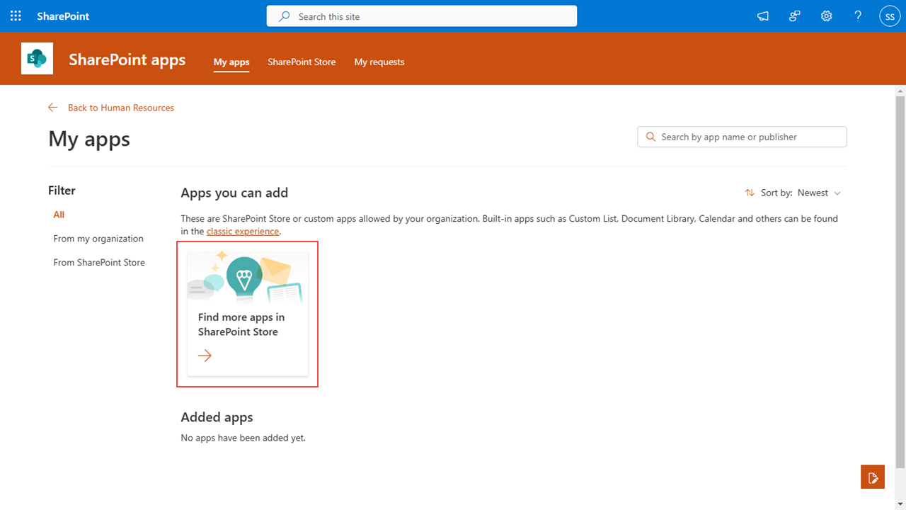 Click Find more apps in SharePoint Store