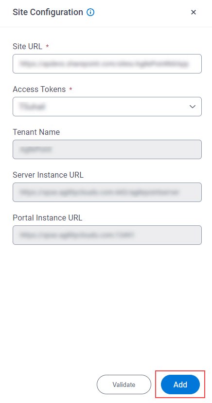 Site Configuration screen Click Add button