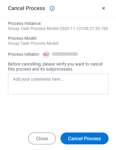 Cancel Process screen