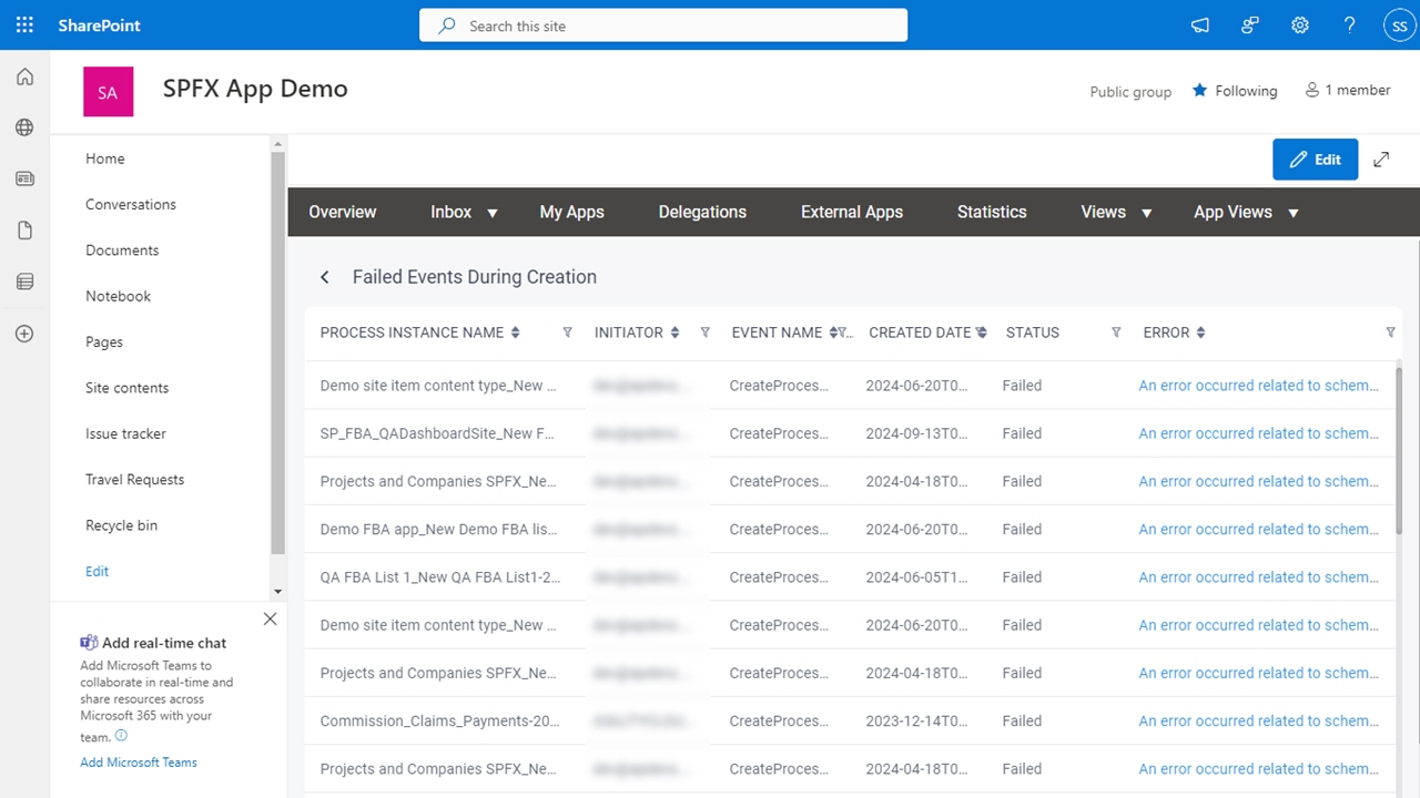 View Failed Processes During Creation screen