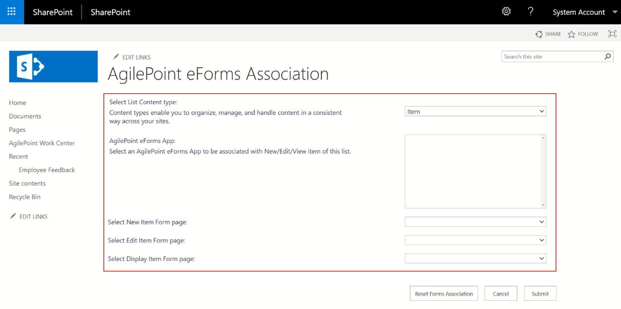 AgilePoint Form Based App Association screen