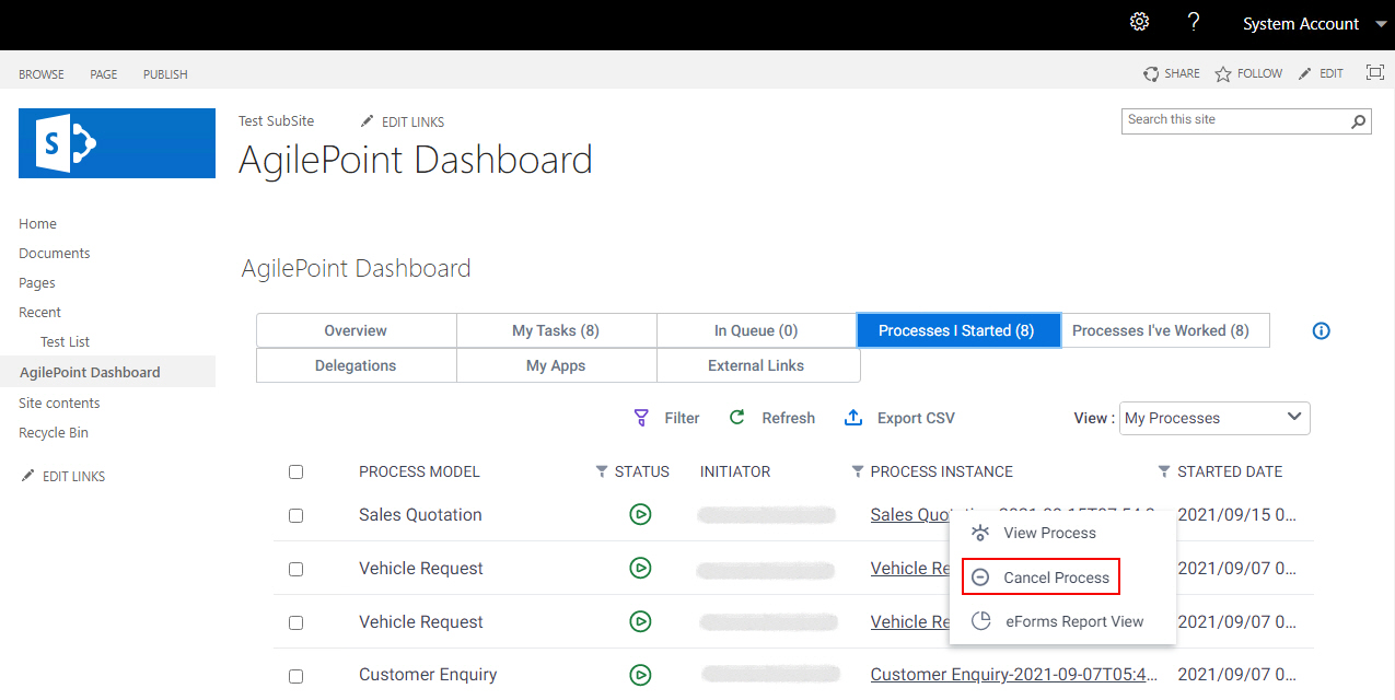 Click Process I Started Cancel Process