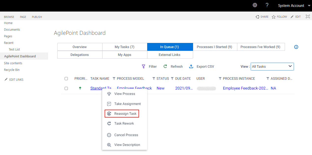 Click Reassign Task