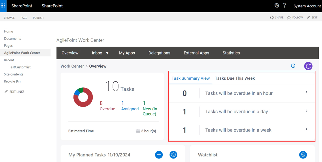 Task Due Summary screen