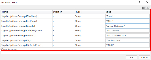 Set Process Data screen