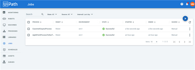 Executed Processes screen