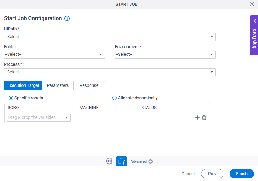 Start Job Configuration Execution Target tab