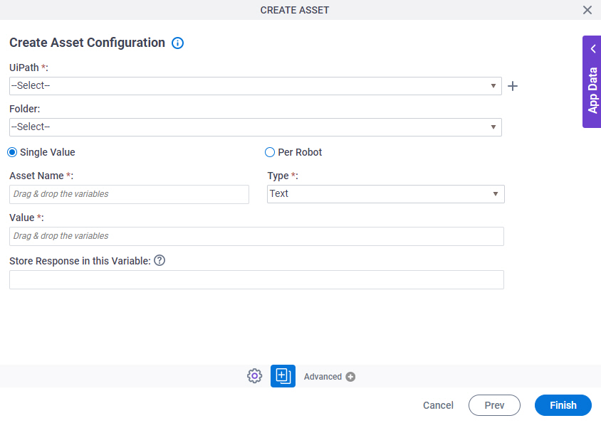 Create Asset Configuration screen