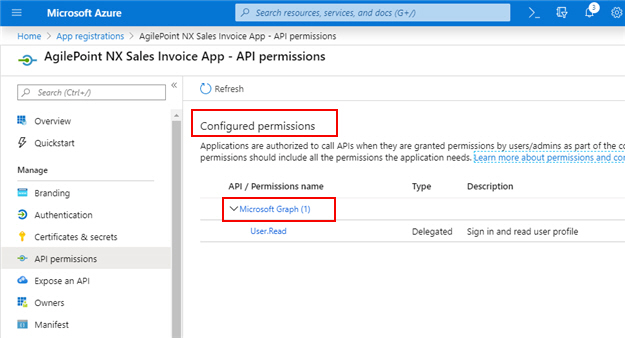 Configured Permissions screen