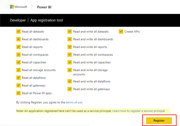 Register your application for Power BI screen