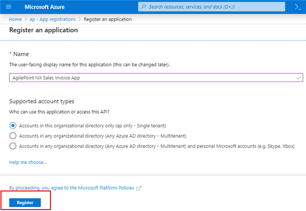 Register an application screen