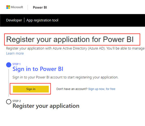 Register your application for Power BI screen