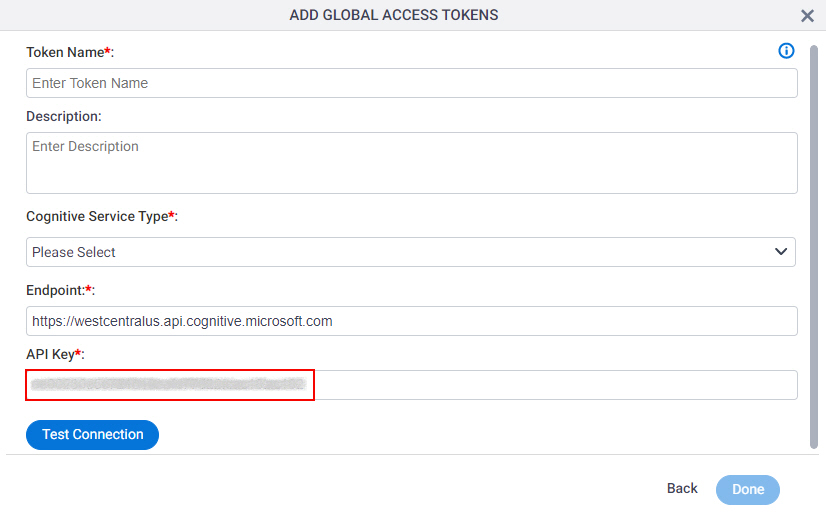 Microsoft Cognitive Services Access Token Configuration screen