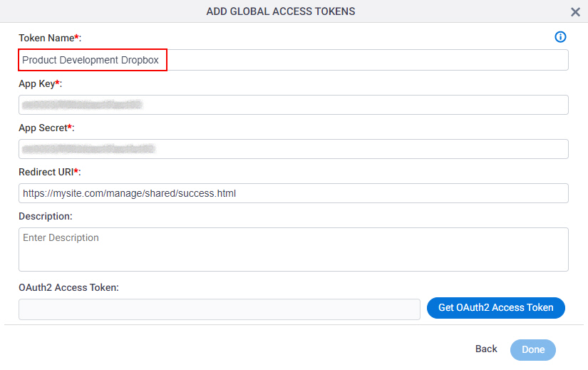 Dropbox Access Token screen