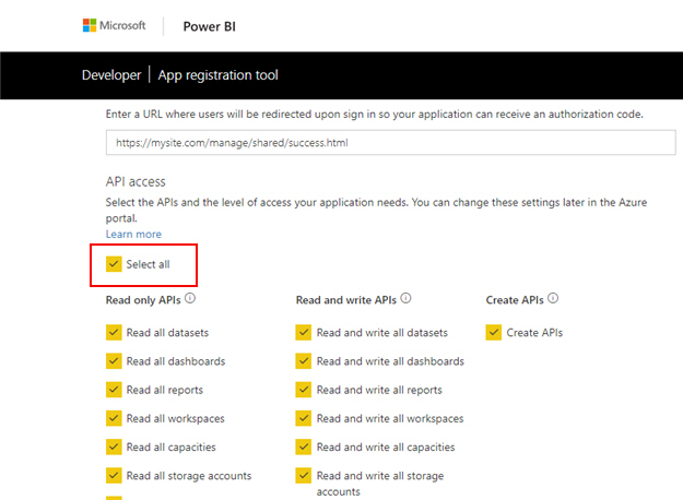 Register your application for Power BI screen