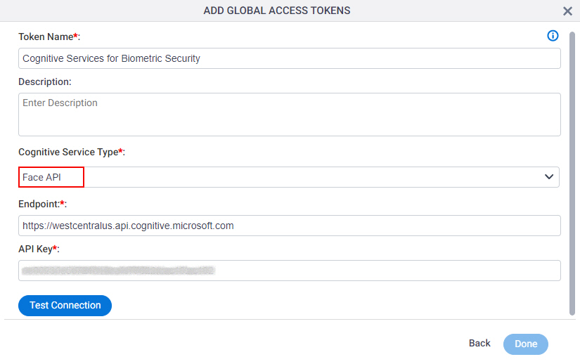 Microsoft Cognitive Services Access Token Configuration screen