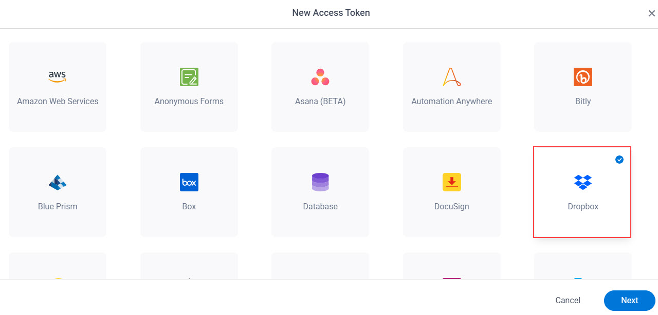 Select Dropbox App Token