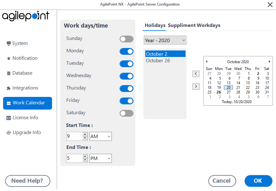 Work Calendar tab