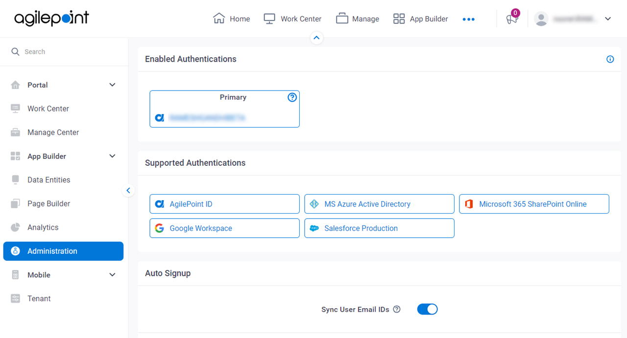 Administration screen