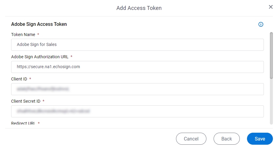 Adobe Sign Access Token Configuration screen