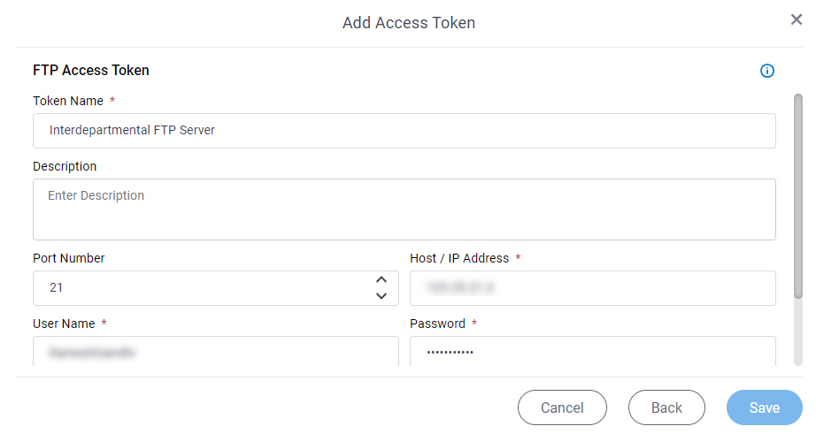 FTP Access Token Configuration screen